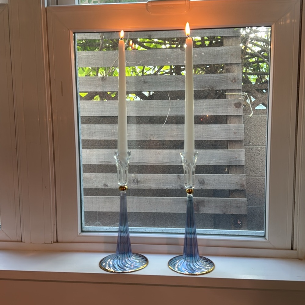 Murano Venetian Blue Iridescent & Clear Glass W/Gold Ball Stem Candle Holder